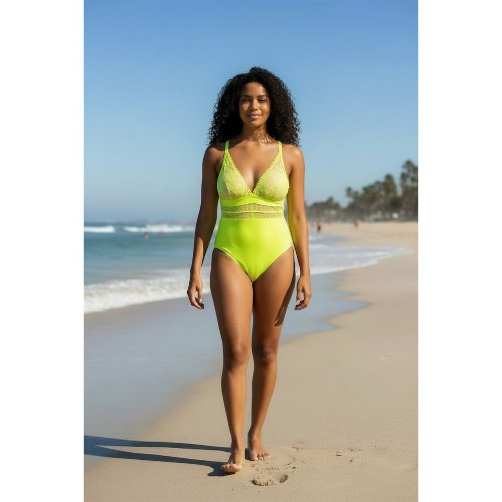 Popvil One-Piece Swimsuit Women 2XL Neon Yellow Deep V Crossback Tie Back no tag